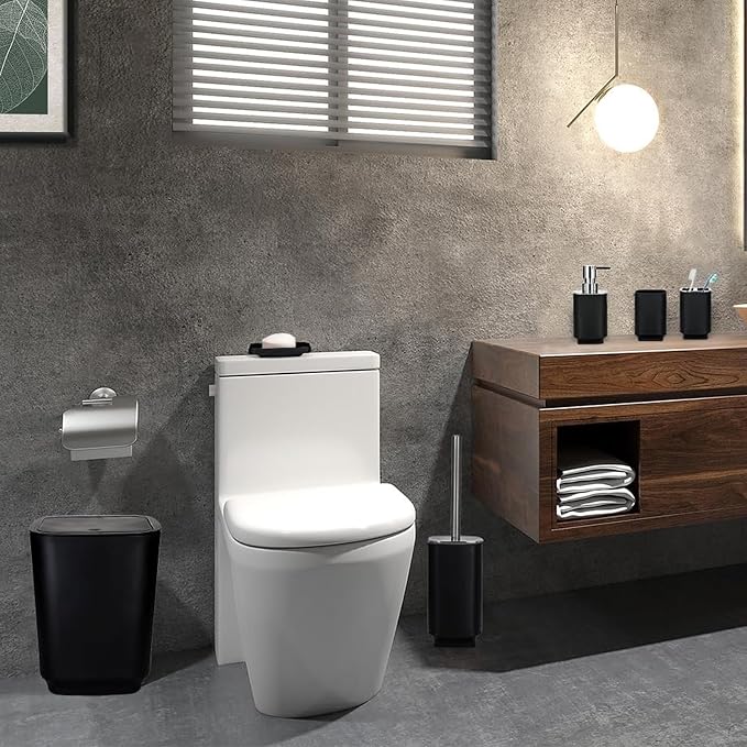 Bathroom Accessory Set 6 Piece Bathroom Accessories Set with Toothbrush Holder&Cup,Soap Dispenser& Dish,Toilet Brush Holder,Trash Can Plastic Gift Set for Bathroom Decorative Countertop (Black