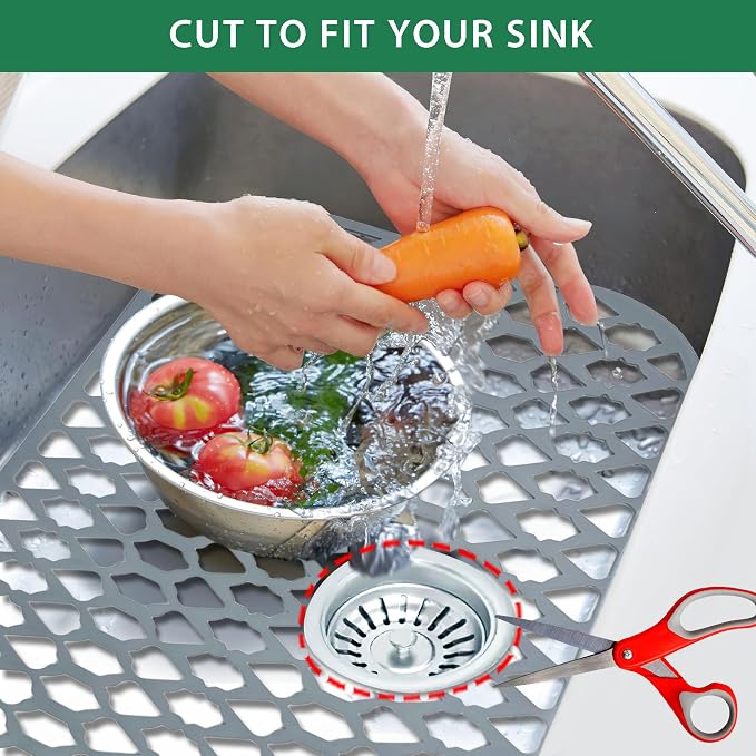 Silicone Sink Protector Mats for Multi-Size Kitchen Sink(30"x14") | Flexible and durable, heat-resistant, machine washable, non-slip, gray grid.