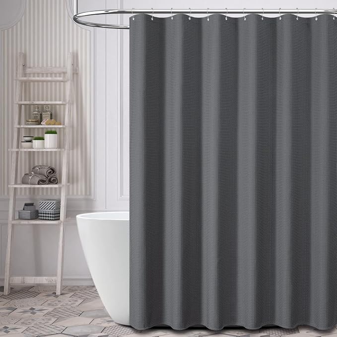 Stall Waffle Shower Curtain 256 GSM Heavy 60"x72" Charcoal Grey | 60 Inch Wide, Thick Polyester Cloth, Weighted Hem, Water Repellent, Washable Hotel Shower Curtain Set for Bathroom 10 Hooks