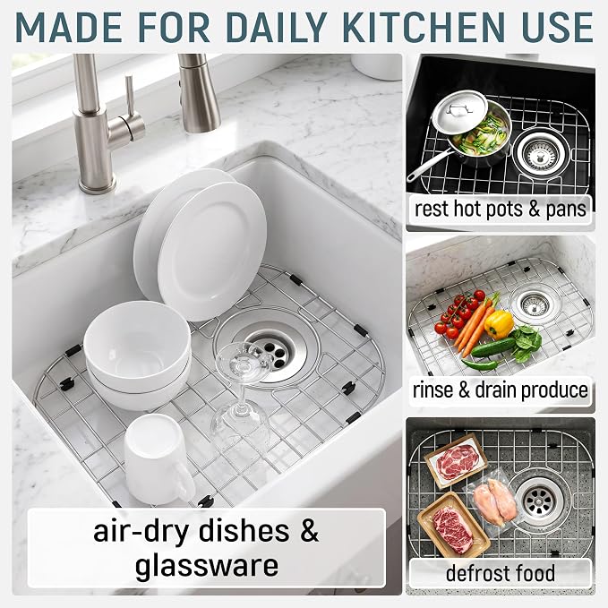 Granatan Kitchen Sink Grid 11.26 x 14.5 Inch, Rear-Center Drain | Stainless Steel Protector Rack with Vinyl Feet for Flat Base Basins