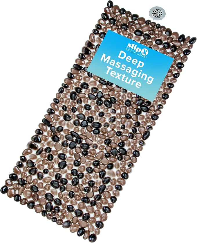 SlipX Solutions 38"x17" Pebble Non Slip Mat for Bath & Shower, Bronze | Foot Massaging Accupressure Bathtub Mat, River Rock Look, 188 Suction Cups, Machine Washable