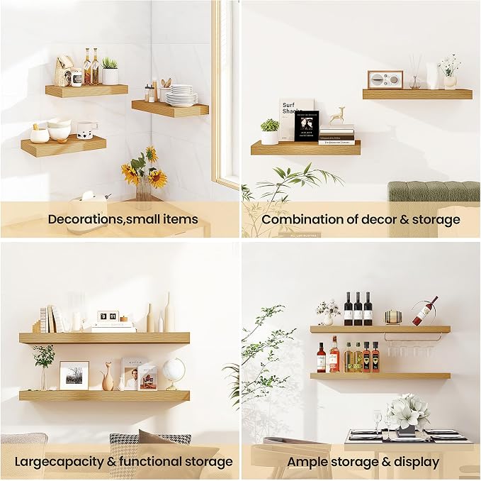 Vivelove Floating Shelves 9 inch Deep 48”Long Set of 1, Oak | Easy Install With Hardware, 1.5" Thick, Invisible Brackets, Wall Mounted, No Sagging, For Any Room