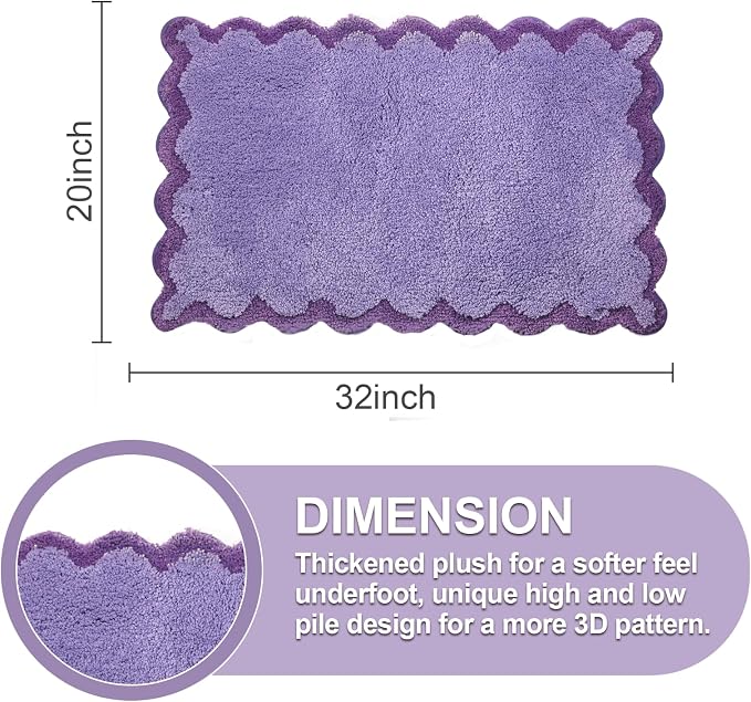 ORTIGIA Cute Purple Scalloped Bath Mat, Fun Plush Microfiber Scallop Bathroom Rugs Non Slip Washable Quick Dry Absorbent, Bath Rug Carpet for Shower Stall Vanities Kitchen Floor Entrance, 20x32
