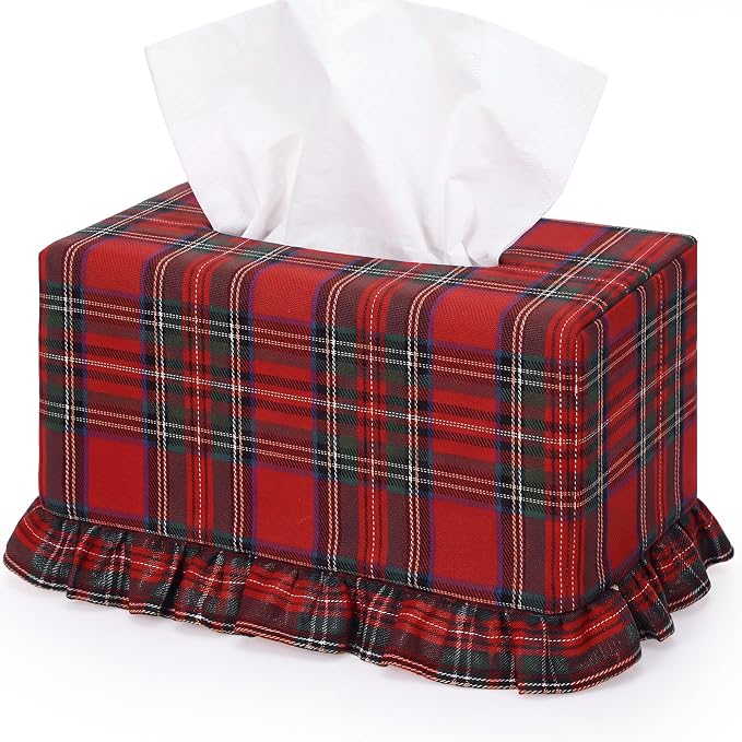Sawysine Christmas Scottish Tartan Plaid Fabric Tissue Box Cover Red Green Plaid Rectangular Ruffled Napkin Holder Decorative Household Sleeve for Home Bedroom Bathroom Kitchen Office Holiday Decor