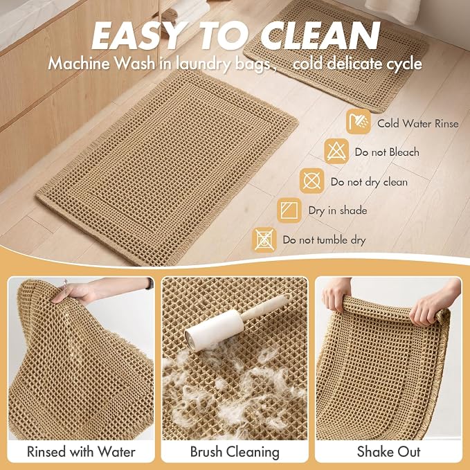 MIULEE Set of 2 Waffle Bathroom Rugs Brown Boho Bath Mat 17x24 in | Looped Design, Super Absorbent, Non Slip, Washable, Ultra Soft, Rubber Backed, Bathroom Mats for Floor Tub Shower