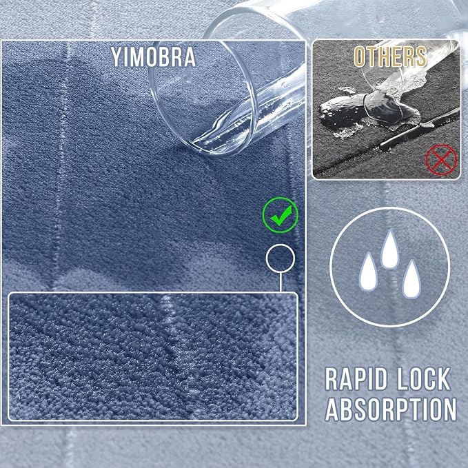 Yimobra Memory Foam Bath Mat Set 3 Pieces- Super Soft Absorbent Quick Dry Bathroom Rug Sets, Machine Washable Non Slip Floor Carpet for Tub Shower, Vanity & Toilet Base, Denim Blue