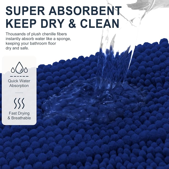 Smiry Thick Chenille Bathroom Rugs 30x20, Soft Absorbent Bath Mat, Navy | Quick‑Dry & Machine Washable, Non‑Slip Bath Carpet, Striped Bath Rugs for Tub & Shower, Modern Home Decor Accessories
