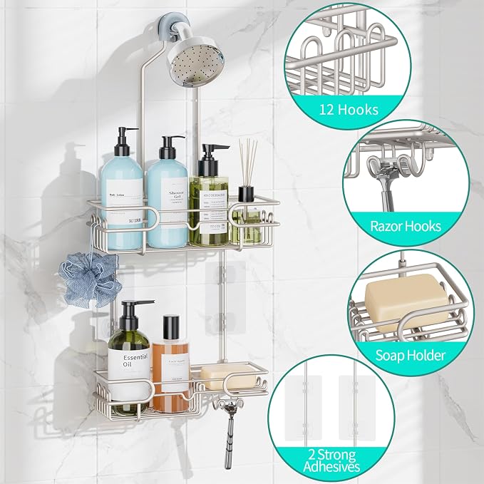 HapiRm Hanging Shower Caddy Organizer - Bathroom Organizer with 12 Hooks and Soap Holder, Rustproof Shower Shelf over Shower Head - Brushed Nickel