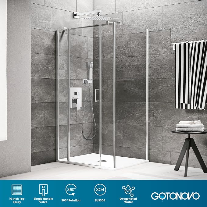 gotonovo Shower Faucet Set with Handheld Spray Polished Chrome,10'' Head | SUS304 Rainfall Shower Head and Handle Set System Fixture,Pressure Balance Valve Trim Kit,Single Handle,Wall Mount,All Metal