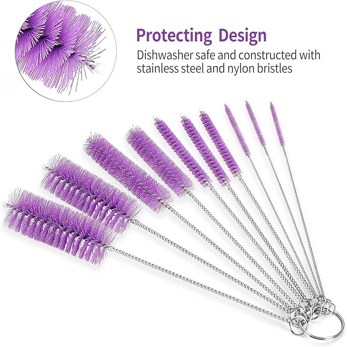 CiaraQ Bottle Cleaning Brushes, 8 Inch Nylon Tube Brush Set | Purple Cleaner for Narrow Neck Bottles Cups with Hook, Set of 10pcs.