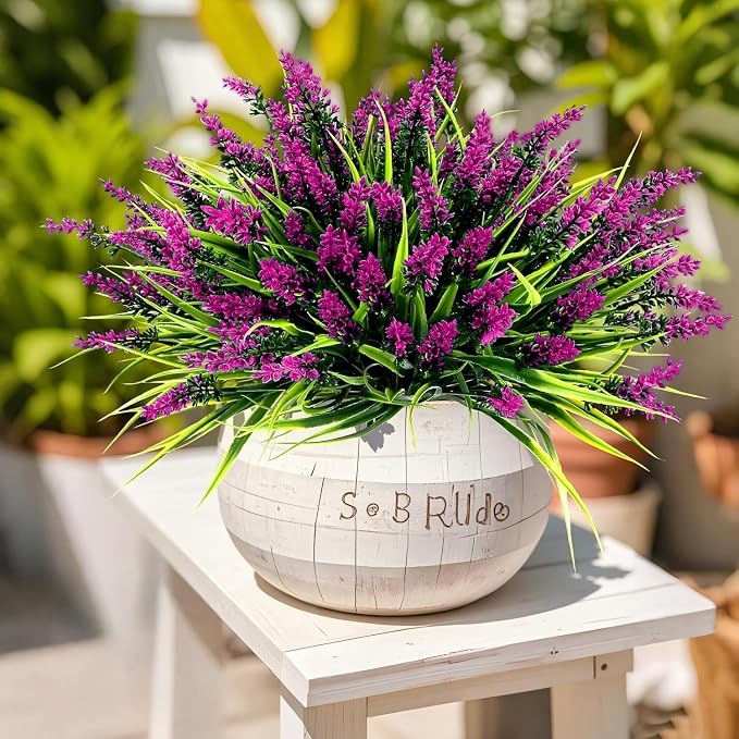 Geegoods 24 Bundles Artificial Lavender Flowers Outdoor, Fuchsia | UV Resistant Faux Plants with Monkey Grass, Realistic Plastic Flowers for Garden Porch Window Box Patio Hanging Planter Decor