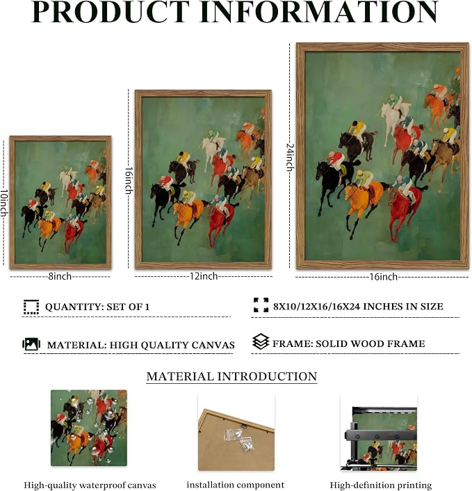 Framed Vintage Abstract Wall Art, Retro Horse Racing Scene Poster Prints, Modern Classic Equestrian Canvas Artwork, Energetic Vibrant Sports Wall Decor for Living Room Office Game Room 8x10in