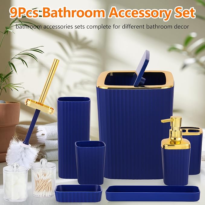 9 PCS Navyblue Bathroom Accessories Set with Trash Can Bathroom Accessory | All-in-One Kit with Trash Can,Toothbrush Holder,Soap Dispenser,Toothbrush Cup,Vanity Tray,Soap Dish,Toilet Brush etc for Home