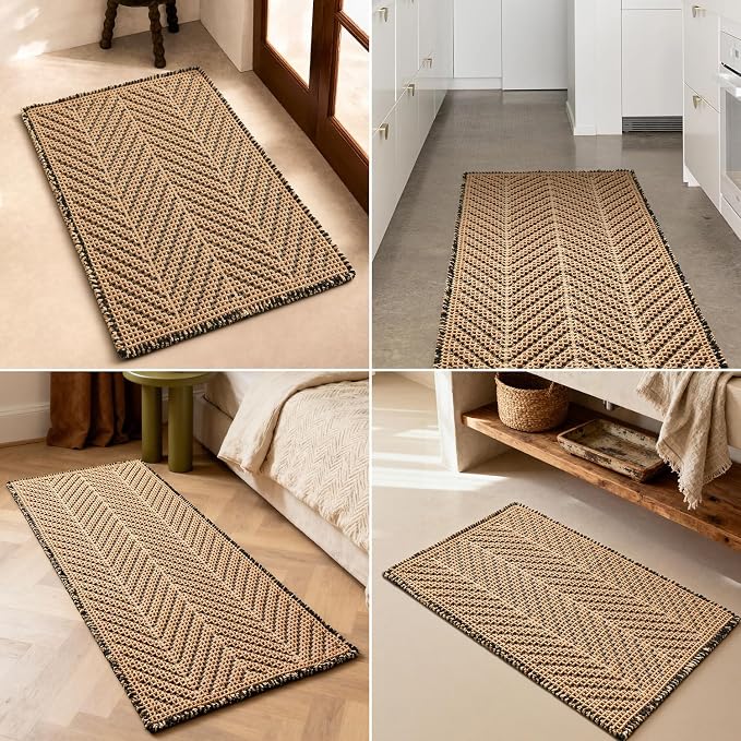 Sunfly Waffle Runner Bath Mat，Long Bathroom Rugs Non Slip Washable, Ultra Soft Super Absorbent Quick Dry Boho Farmhouse Bathroom Decor, 24" x 72", Black &Khaki