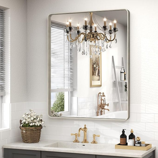 28x32 Inch Silver Brushed Nickel Bathroom Mirror for Wall | Silver Metal Framed Bathroom Vanity Mirror, Rounded Rectangle, Anti-Rust, Shatterproof (Horizontal/Vertical)