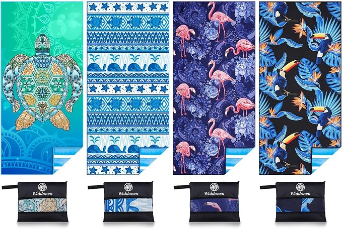 Widdonen Microfiber Beach Towel,Compact 4 Pack-71x32 Inch with Bag Travel | Extra Large,Lightweight,Thin,Sand Free,Quick Dry,Absorbent.Packable for Camping,Swim,Pool,Bath,Picnic,Cruise Essentials Gift