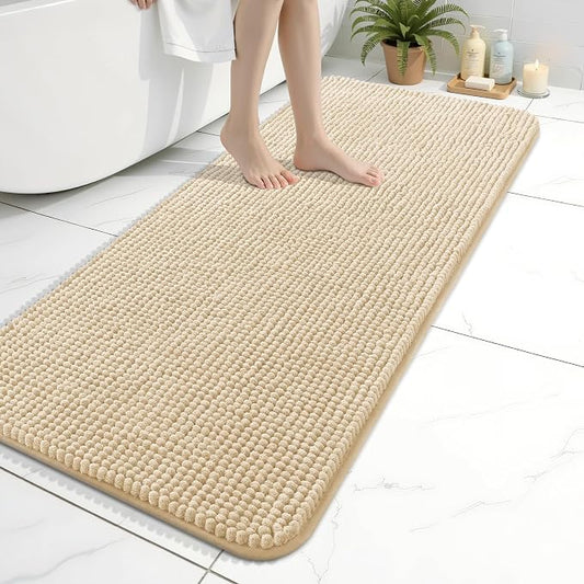 Arotive Chenille Bathroom Rugs 47x20, Soft Absorbent Bath Mat, Beige | Rubber Backing, Machine Washable Dry Bath Mats for Bathroom Floor, Tub and Shower, Home Decor Accessories
