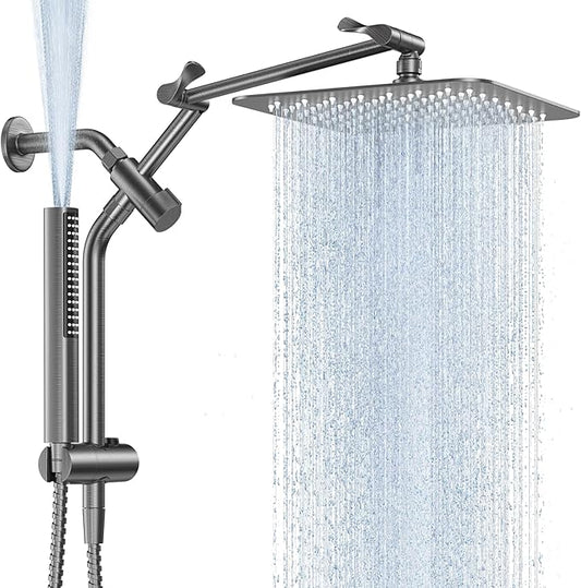 Veken All Metal 10" Luxurious Gray Rain Shower Heads with Handheld Spray | Dual High Pressure Shower Head,Square Detachable Rainfall Showerhead with Extension Arm,Regaderas Para Shower,Ducha Para Baño