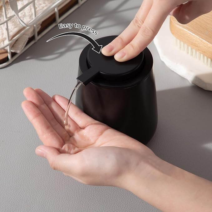 Enra Black Soap Dispenser, Modern Ceramic Hand Soap Dispenser for Bathroom | 12oz Ceramic Body with Easy-Press Pump and Refillable Design. Stylish for Countertops, Sinks, Kitchens and Home Decor.