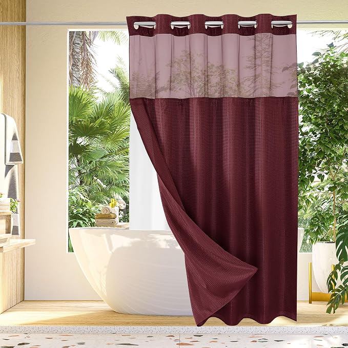 No Hook Cloth Burgundy Shower Curtain with Liner, 72x74 | Snap-in Fabric Liner, Hotel Style with Mesh Top Window, Waterproof Coating, Machine Washable, Rustproof Grommets