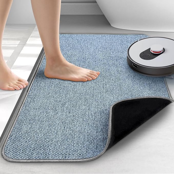 Upgraded Bath Mat 19x30Inch, Thin Bath Mats Rugs with Rubber Backing Non-Slip, Absorbent,Quick Dry Machine Washable, Home Decor Accessories Cozy Cloth Bathroom Rugs fit Under Door/Sink/Tub/Shower-Blue