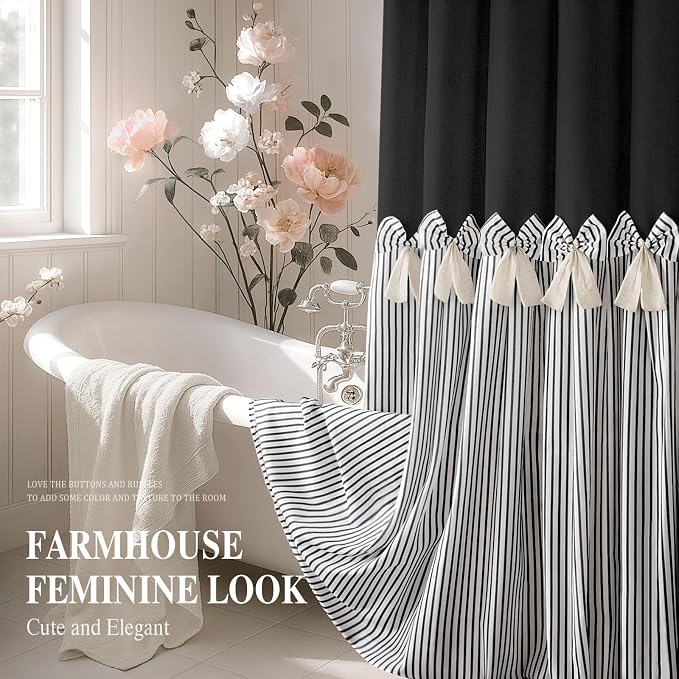 Farmhouse Shower Curtain Linen Bow Pleated Black Stripe 72"W x 72"L | Farmhouse Style, Chic Bow, Striped, Linen Fabric, Rustic, Country, Natural Look, Washable, for Bathroom Bathtub