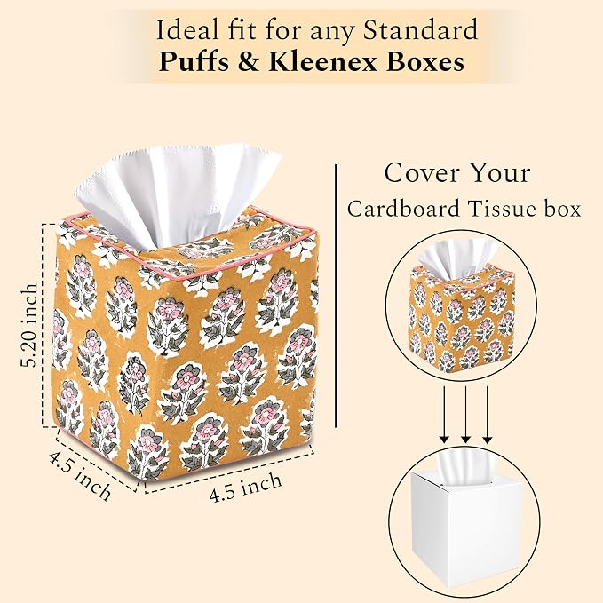 CPC Yellow Citrine Hand Block Printed Cotton Tissue Box Cover 5" x 5" x 5.5" Square Soft Reusable Boho Napkin Holder for Home Kitchen Dining Bathroom Office Cafe Spa, Gift for Spring, Mother's Day