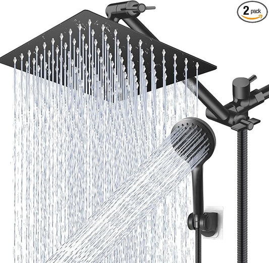12” Black High/Low Pressure Water Rain Shower Head with 11” Extension Arm | 5 Settings Handheld Shower Head Combo,Powerful Shower Spray - Matte Black, Powerful Shower Spray Against Low Pressure Water