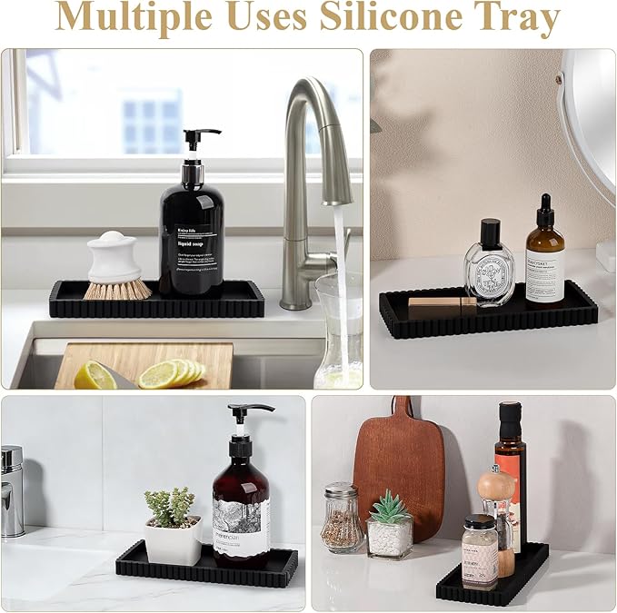 Silicone Bathroom Tray Small Vanity Tray Kitchen Counter Decor, Black | Non Slip, Dishwasher Safe, for Dish Soap, Perfume, Candle, Sponge