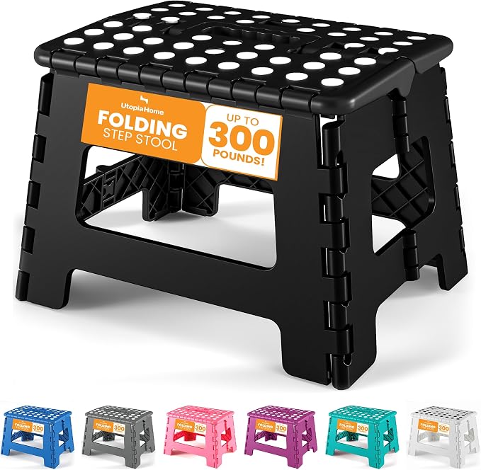 Utopia Home Folding Step Stool 9 Inch, Anti-Slip, Black, 1-Pack | Foldable step stool with anti-slip surface, built-in handle, and 300 lbs support for safe home use