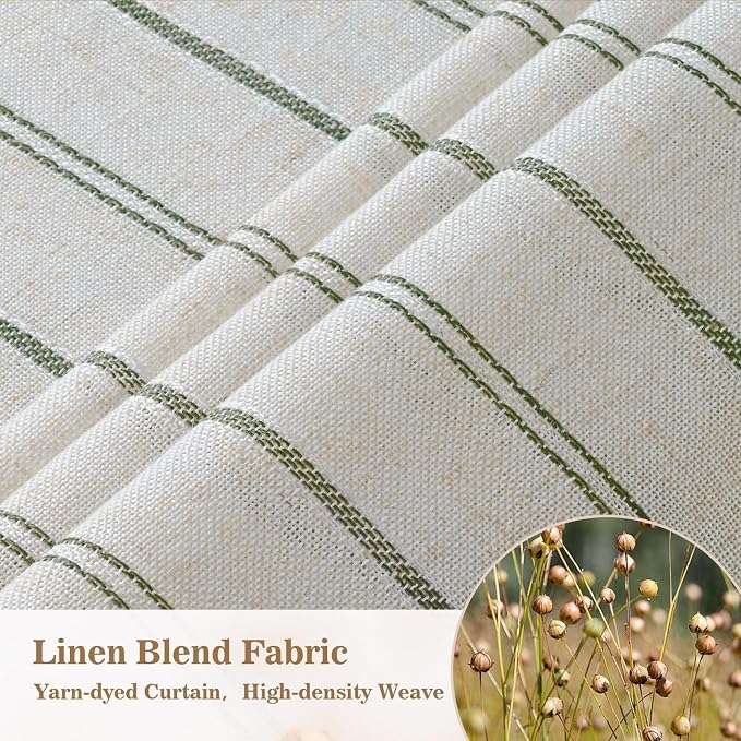 Yinhua Farmhouse Shower Curtain with Ruffle, Green Striped Linen Shower Curtains Set with Hooks for Bathroom, Country Vintage Long Bath Curtain Waterproof Weighted Washable Fabric, 72" W x 84" L