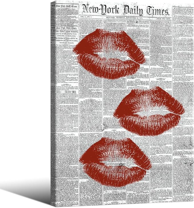 Black White Newspaper Canvas Wall Art Fashion Red Kiss Lips Aesthetic Poster 24X36 inch Framed Trendy Girly Sexy Canvas Prints for Bar Cart Makeup Room Wall Decor