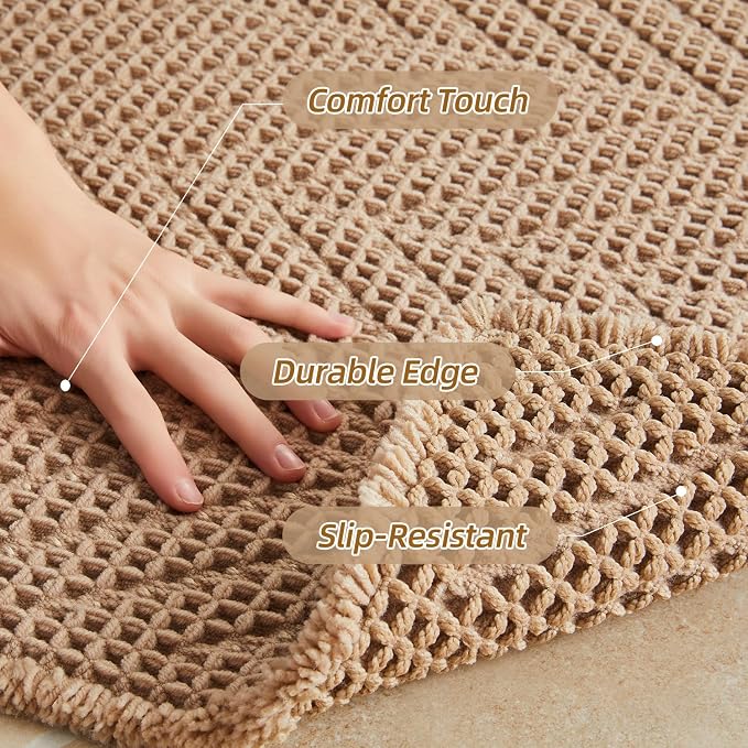 Sunfly Boho Bathroom Rug, Herringbone Waffle Bath Mat Non-Slip Washable Super Absorbent Quick Dry, Farmhouse Bath Mat for Bathroom Floor Decor 24"*48" Khaki