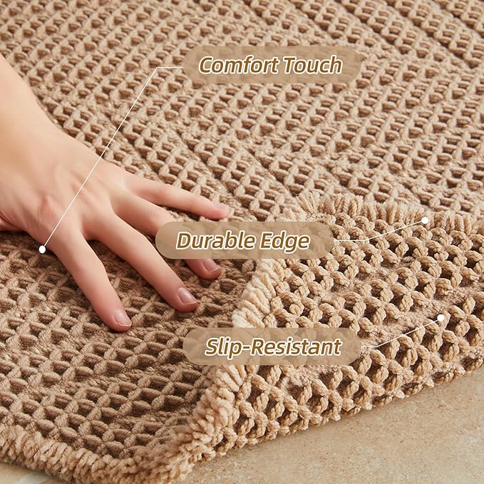 Sunfly Boho Bathroom Rug, Herringbone Waffle Bath Mat Non-Slip Washable Super Absorbent Quick Dry, Small Farmhouse Bath Mat for Bathroom Floor Decor 16"*24" Khaki