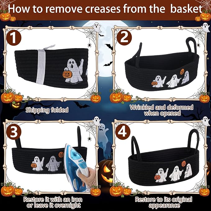 Vesici Halloween Ghost Storage Basket, Black Bathroom Caddy with Handle | Woven Cotton Rope, Ghost Embroidery Decor, Fits Toilet Tank Top or Countertop, 13 X 6 X 4 Inch Organizer for Any Room