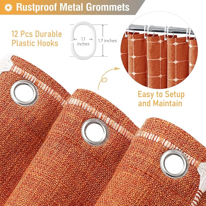 Burnt Orange Boho Farmhouse Linen Heavy Duty Shower Curtain Set, 72x72 | 330GSM Linen Blend, Classic Plaid, 3-side Tassels, Water Repellent Fabric, 12 Plastic Hook, Rustic Bohemian, Machine Washable