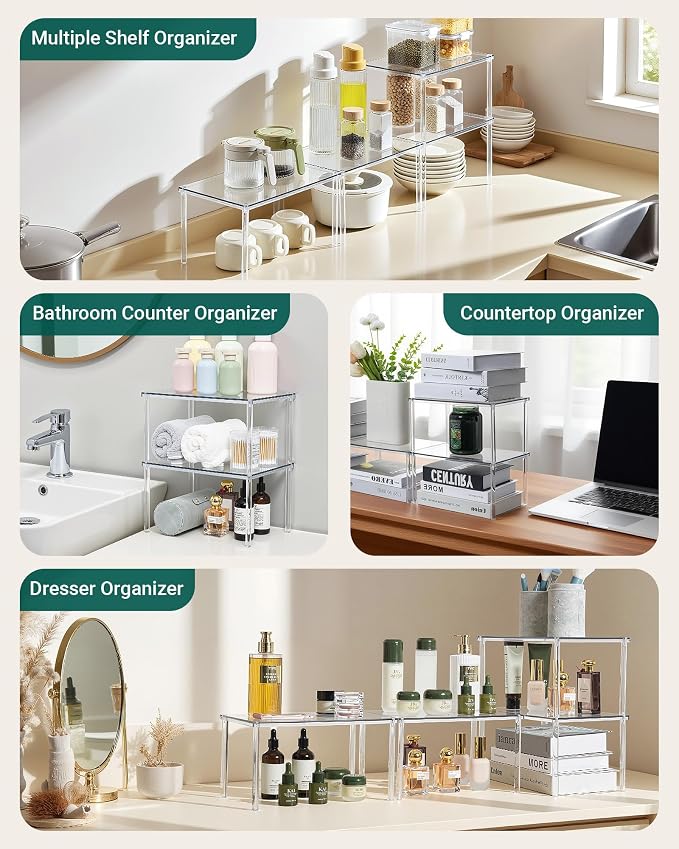 Acrylic Cabinet Organizer Set of 2, Stackable Spice Rack for Kitchen | Clear Shelf Organizer for Pantry, Cabinets, Countertops and Desks, Stackable Design Perfect for Spices and Small Items