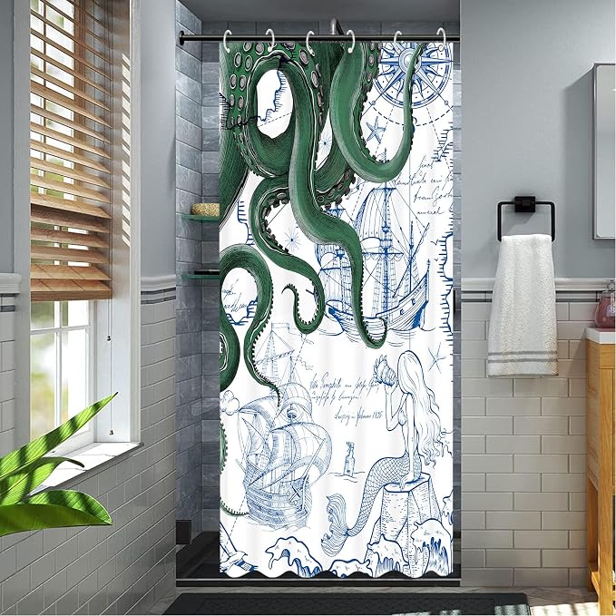 Fungarth Stall Green Nautical Octopus Shower Curtain Navy Blue Mermaid Funny Ocean Kraken Shower Curtains for Bathroom Cool Anchor Coastal Map Waterproof Fabric Bath Curtain Decor (Green, 36” x 72”)