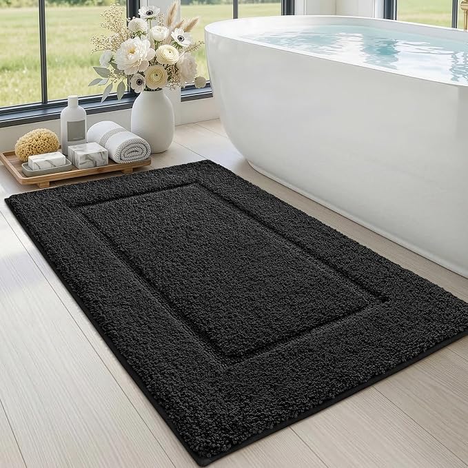 DEXI Bath Mat 43x24, Absorbent and Non Slip Bathroom Rugs, Black | Soft Plush Microfiber Bathmat, Machine Washable & Quick Dry, Rubber Back Rug for Shower, Tub, Sink