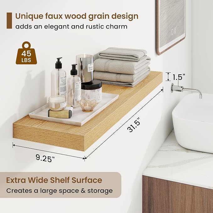 Marsmiles 9.25in Depth 32in Floating Shelves, 32x9.25x1.4, Oak, Set of 2 | Wall Mounted Engineered Wood Shelves, Invisible Brackets for Living Room, Bedroom, Bathroom, Kitchen Decor and Storage