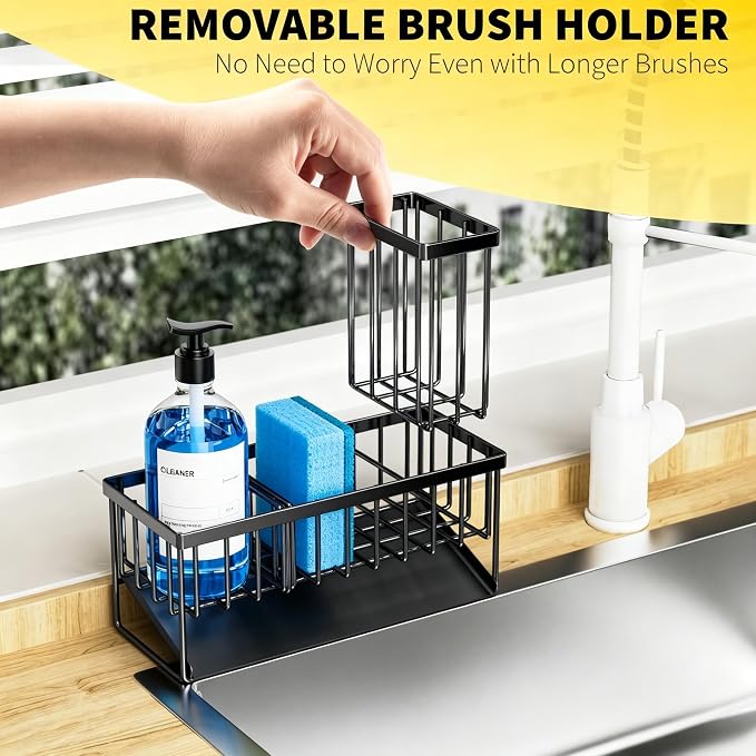 Cisily Sink Caddy Sponge Holder for Kitchen with Brush Holder and Stainless Steel Self Drain Tray, Rustproof Kitchen Sink Organizer for Sponge, Soap Dispenser Storage Accessories