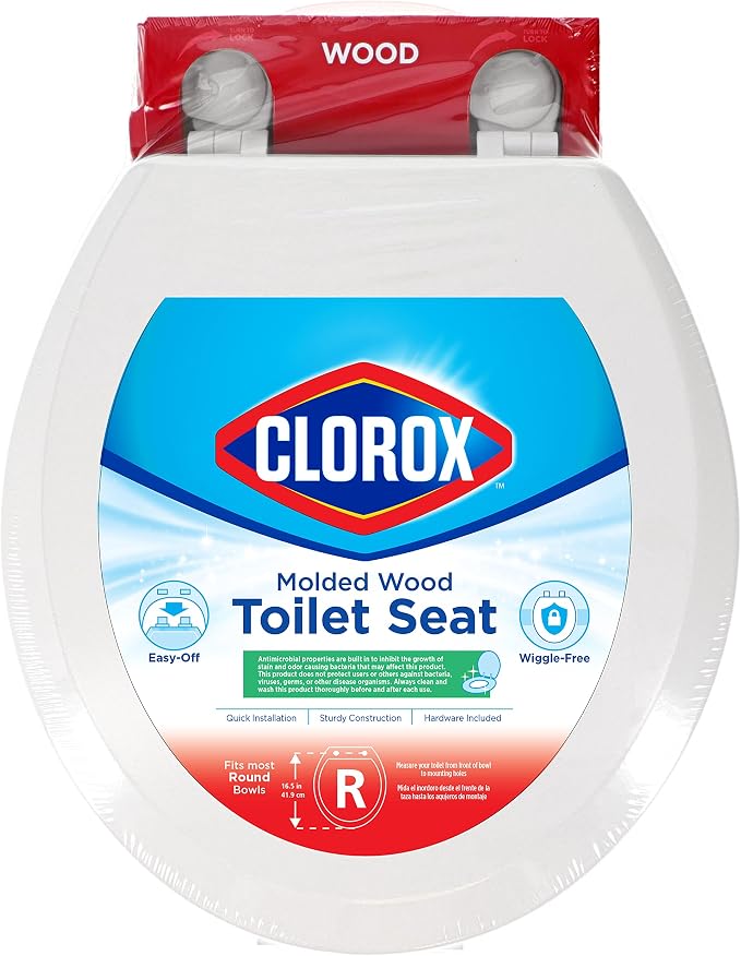 Clorox Round Wood Toilet Seat with Easy-Off Hinges-Wiggle Free Design ‎16.54 x 16.5 x 0.99 inches