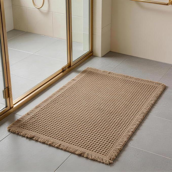 Waffle Bathroom Rugs, Non Slip Absorbent Waffle Knit Bath Mat for Shower Floor, Tub and Bathroom Door, Ultra Soft Quick Dry, Brown, 17''x24''