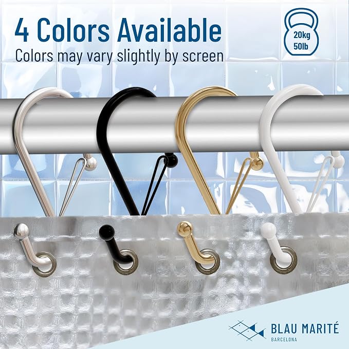 Set of 12 Silver Metal S Hook Shower Hooks 1” – Closed, Heavy Duty, Long Decorative Shower Curtain Hooks, Easy Glide, Buckle, Large Rust Resistant Rings for Bathroom Rods (Silver, S)