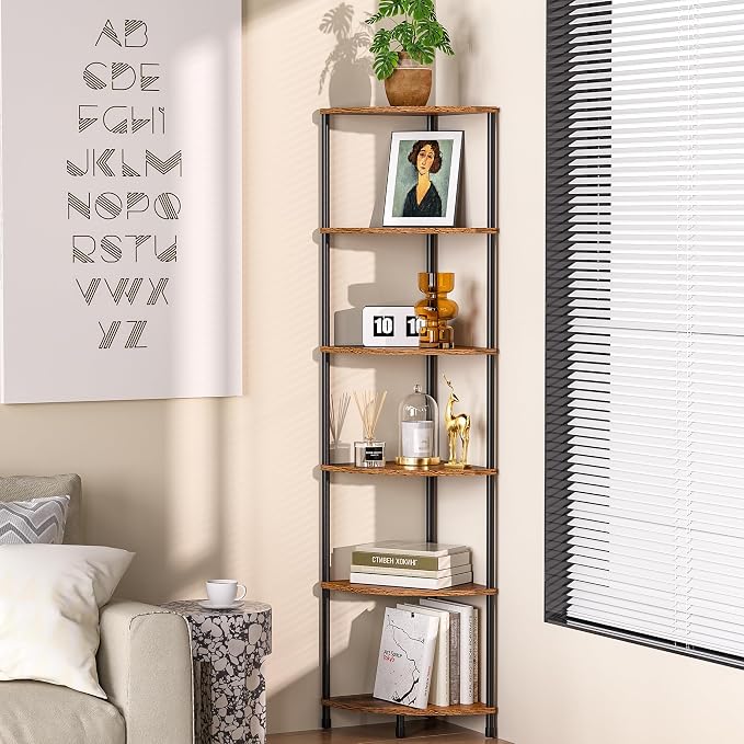 6 Tier Corner Plant Stand Shelf, 54.4", Rustic Brown | Metal Frame, Bathroom Kitchen Shelf Organizer Storage, Small Corner Shelf for Bedroom Living Room Decor Accessories