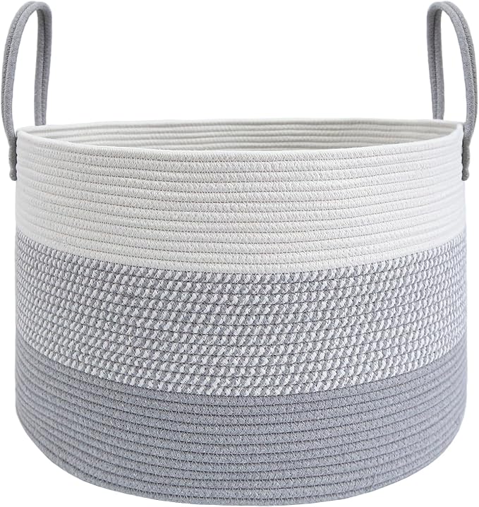 JMvicyroam 65L Extra Large Machine Washable Cotton Rope Blanket Basket | Collapsible laundry hamper, Reinforced handles, For blankets,pillows,toys and clothes, Living room and bedroom,White&Grey Mix