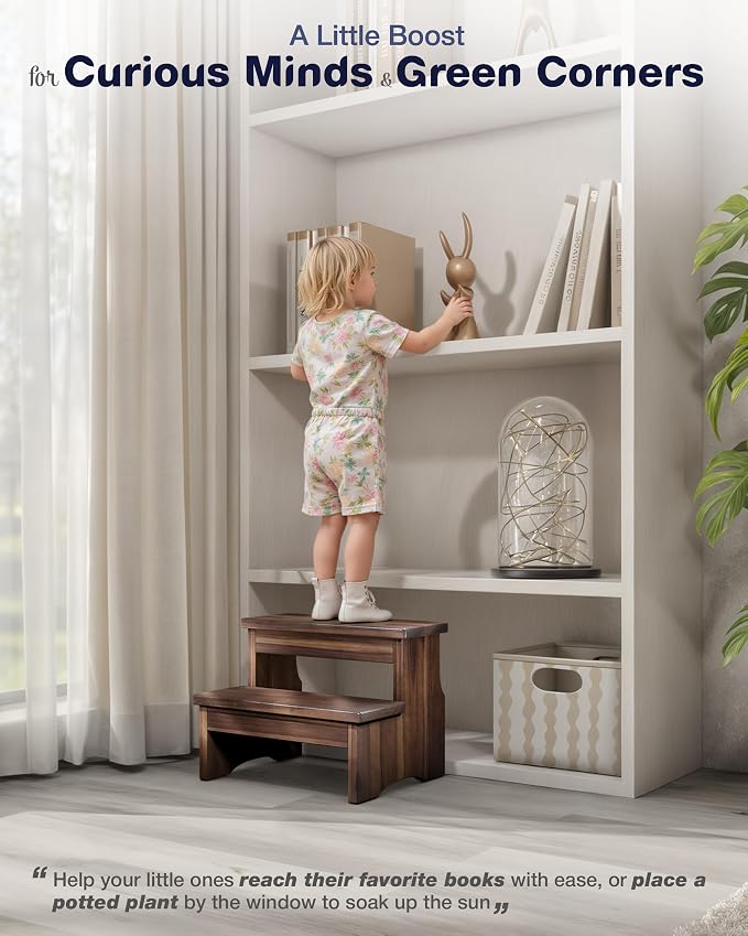 FANATU Wooden Two Step Stool, Heavy Duty 2-Step Ladder for Adults & Kids, Supports up to 450lbs for Kitchen, Bathroom or Bedside Use (Walnut Finish)
