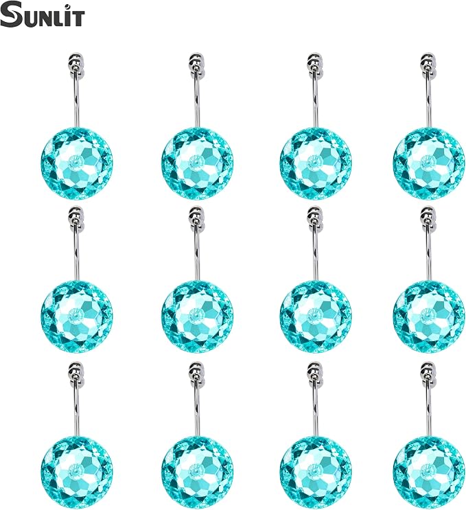 Sunlit Luxury Design Round Teal Blue Diamond Crystal Gem Bling with Glide Balls Double Shower Curtain Hooks for Mermaid Shower Curtains, Rust Proof Metal Rhinestones Glam Shower Curtain Rings-12 Pack