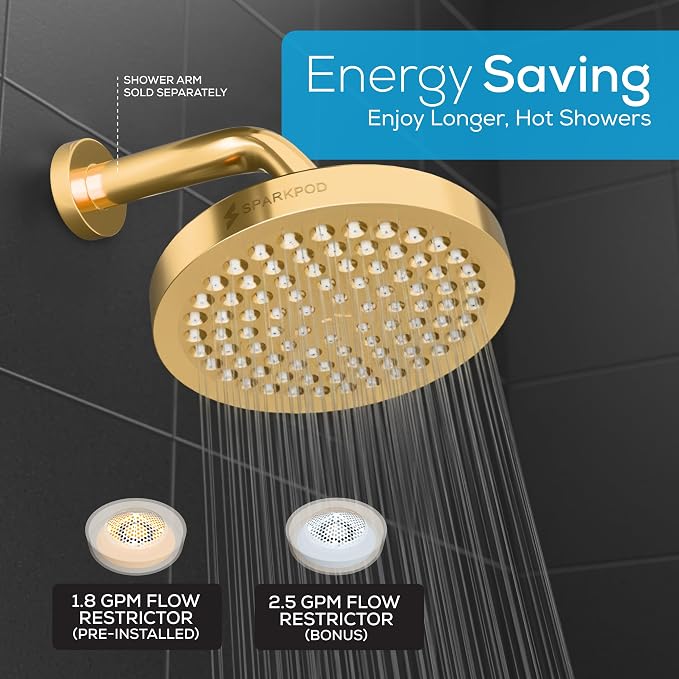SparkPod Rain Shower Head, 6 Inch Round, Egyptian Gold Finish | High Pressure Shower Heads, 90 Nozzles, Adjustable Showerhead, No Tools Needed, Universal Connection