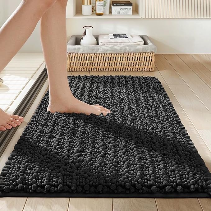 Bathroom Rugs Non Slip Washable, Extra Thick Soft Chenille Absorbent Bath Mat, High Density Barrier Non Slip Backing, Quick Dry Plush Shaggy Floor Carpet for Tub&Shower 24x17, Darkgrey